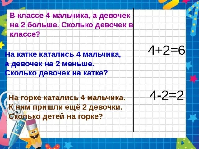 Сколько маленькому другу лет. Задачи на больше меньше 1 класс. Задачи на больше меньше 2 класс. Задачи 2 класс по математике на больше или меньше. Задачи для 1 класса по математике на больше и меньше.