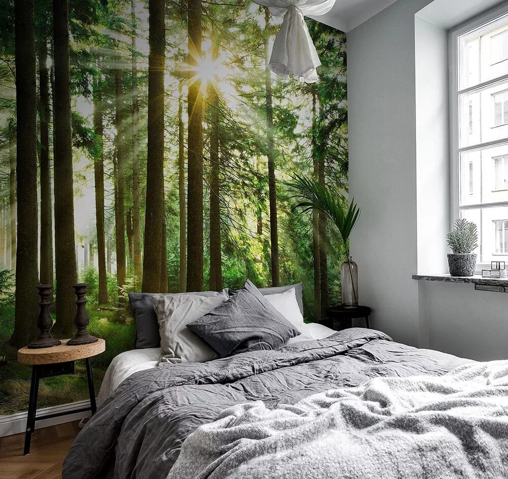 Спальня в стиле леса. Спальня в Лесном стиле. Комната в стиле леса. Фотообои в интерьере. Обои на стену лес