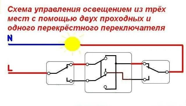 Освещение с 3 мест. Схема подключения проходного переключателя с 3 мест на 1 лампочку. схема подключения перекрестного переключателя с трех мест на 1. схема сборки переключателя света с 3 мест. схема переключателя с трех мест на 1 лампочку.