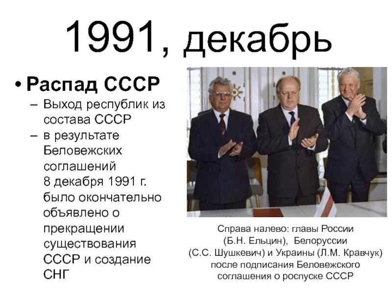 Дата выхода из состава ссср. 8 Декабря 1991 Беловежское соглашение. Декабрь 1991 распад СССР. Беловежские соглашения в декабре 1991 года подписали. Республики после распада СССР список.