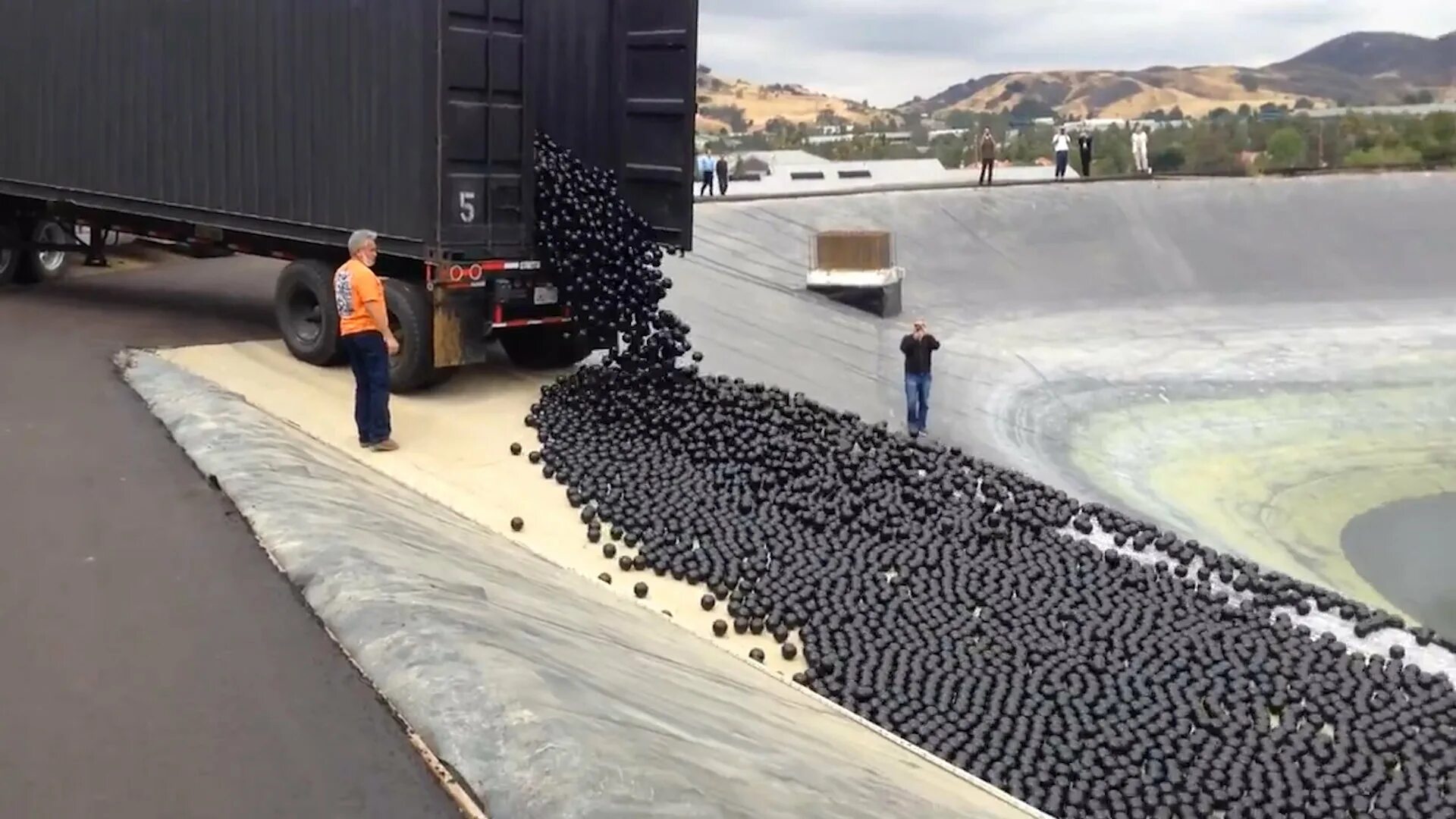 Миллион на шару. Черные шарики на водохранилище. Теневые шарики в водохранилище. Водоем покрытый черными шарами. Засыпано шариками.