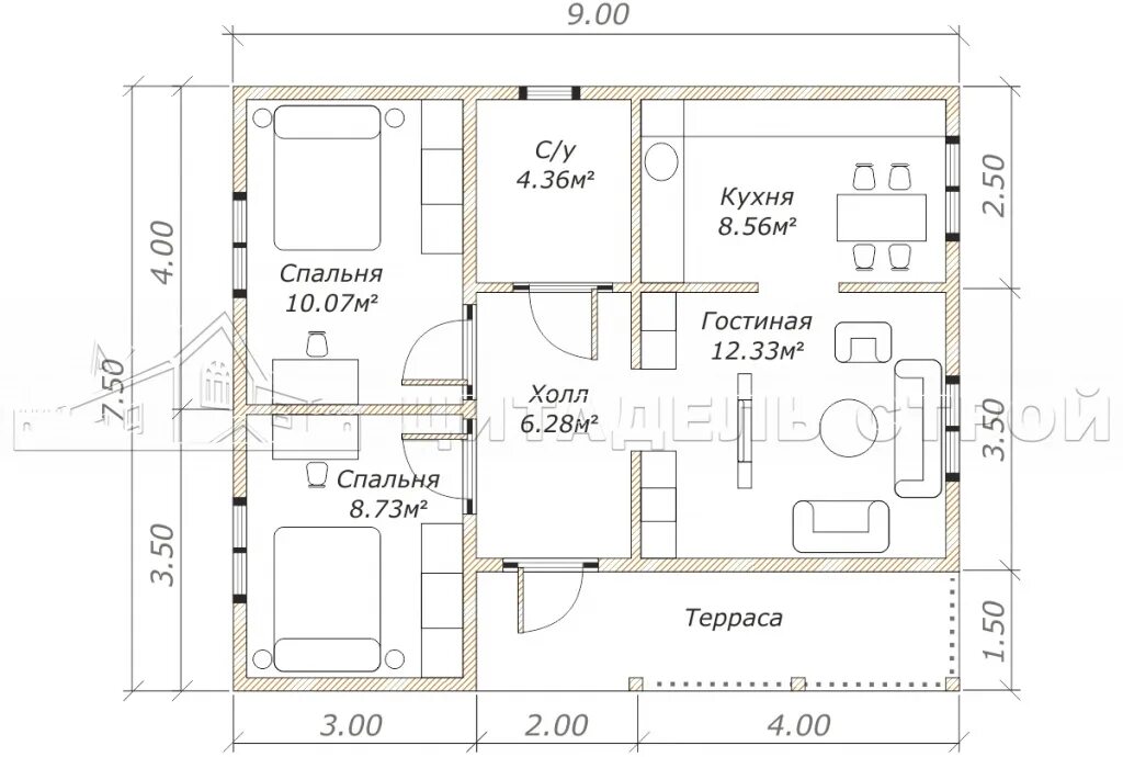 Проекты домов 5 7 м. Планировка одноэтажного дома 7,5х9. Планировка каркасного дома 9х7. Одноэтажный каркасный дом 9х7 планировка. Планировка дома 7х9 одноэтажный.