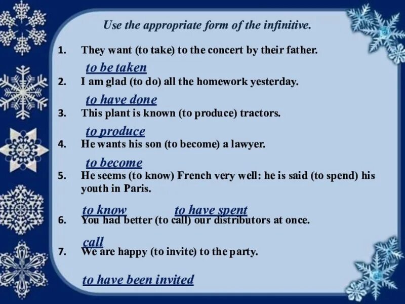 Use to be in appropriate form. Appropriate form of the infinitive. use the appropriate form of the infinitive. appropriate form. forms of infinitive.