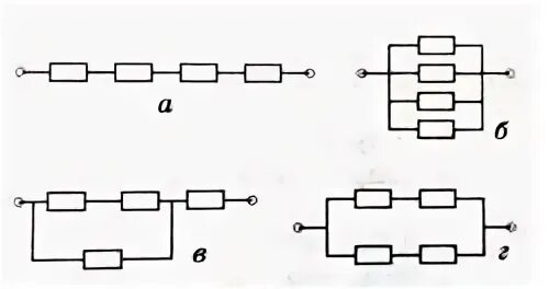 Четыре одинаковых сопротивления соединяют различными способами
