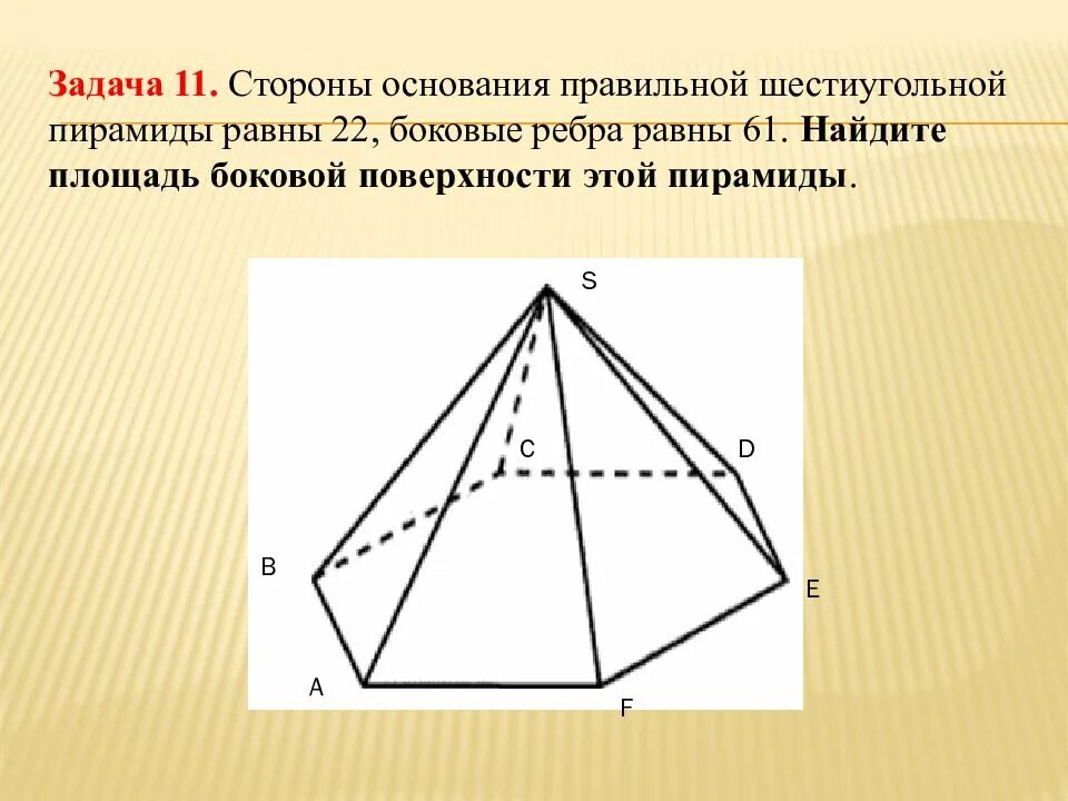 Как найти площадь бокового ребра пирамиды. Сторона основания правильной шестиугольной пирамиды 61. Площадь поверхности правильной шестиугольной пирамиды. Стороны основания правильной шестиугольной пирамиды равно 22. Площадь боковой поверхности шестиугольной пирамиды.