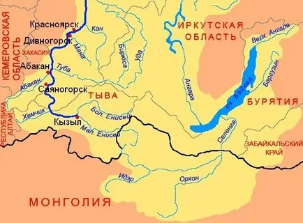 Исток и устье енисея на карте