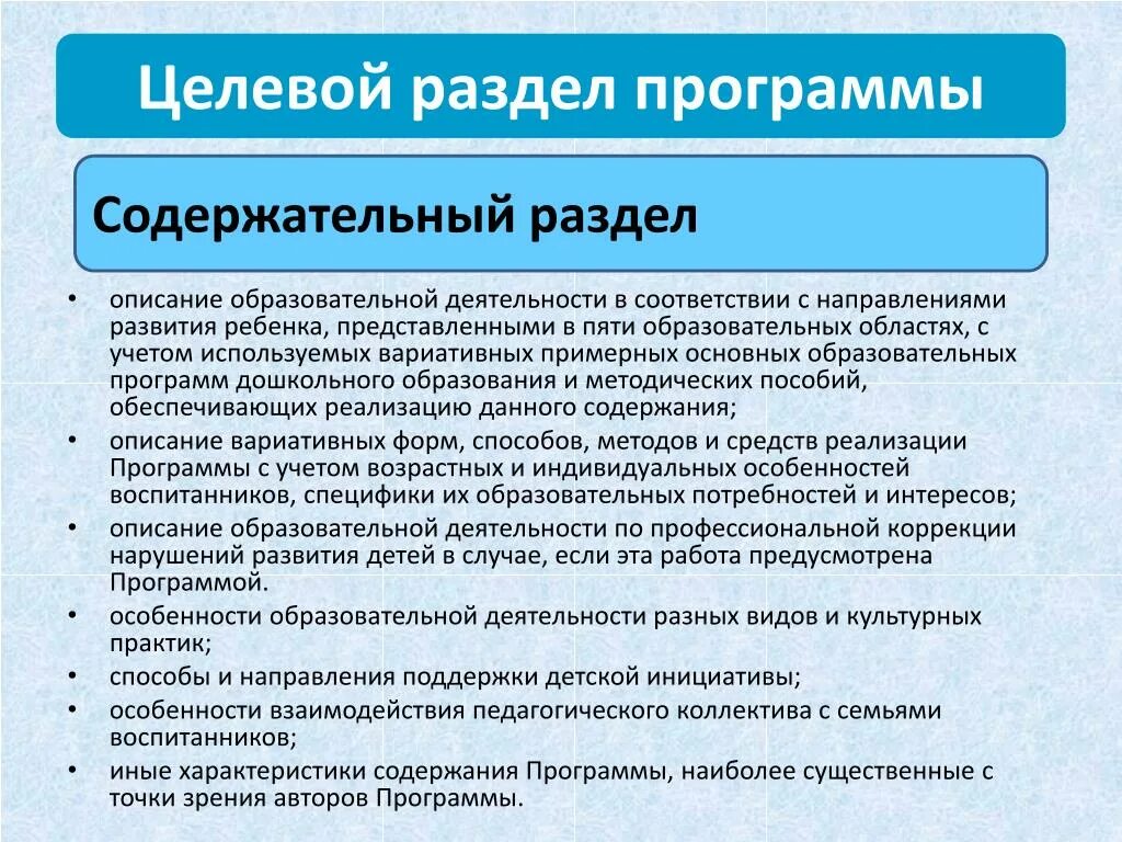 Основная общеобразовательная программа содержит разделы. Целевой раздел образовательной программы. Целевой содержательный организационный разделы программы. Разделы учебной программы. Целевая педагогическая программа.