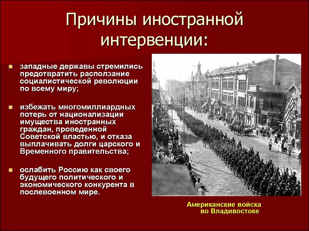 Причины войны и интервенции 1918. Причины иностранной интервенции в России 1917-1922. Причины Иностранная интервенция в годы гражданской войны 1918.