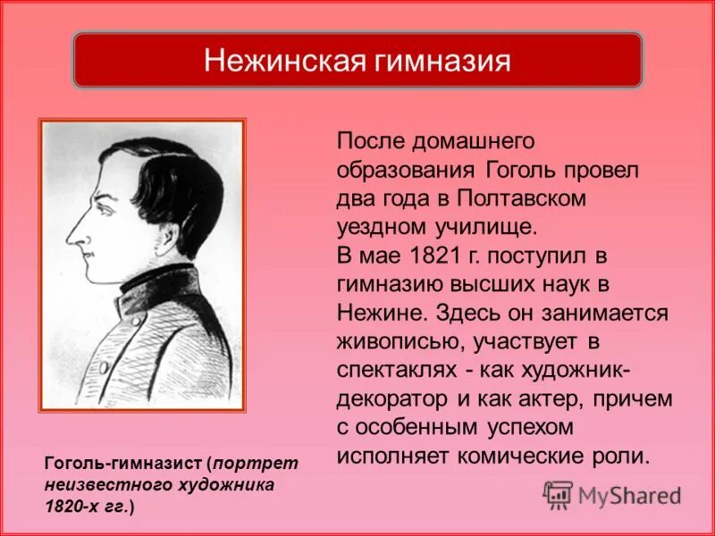 учась в гимназии гоголь играл во многих