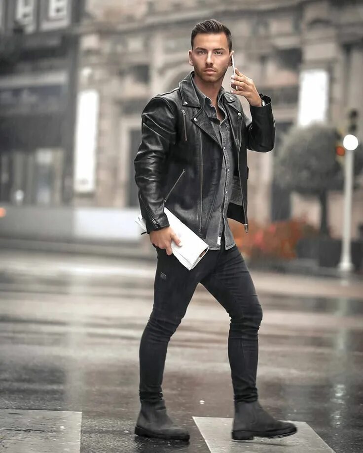All black: como usar look todo preto na moda masculina Leather jacket outfit men