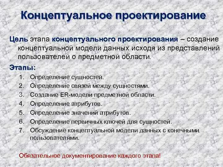 Концептуальный анализ разработки проекта Основы проектирования баз данных