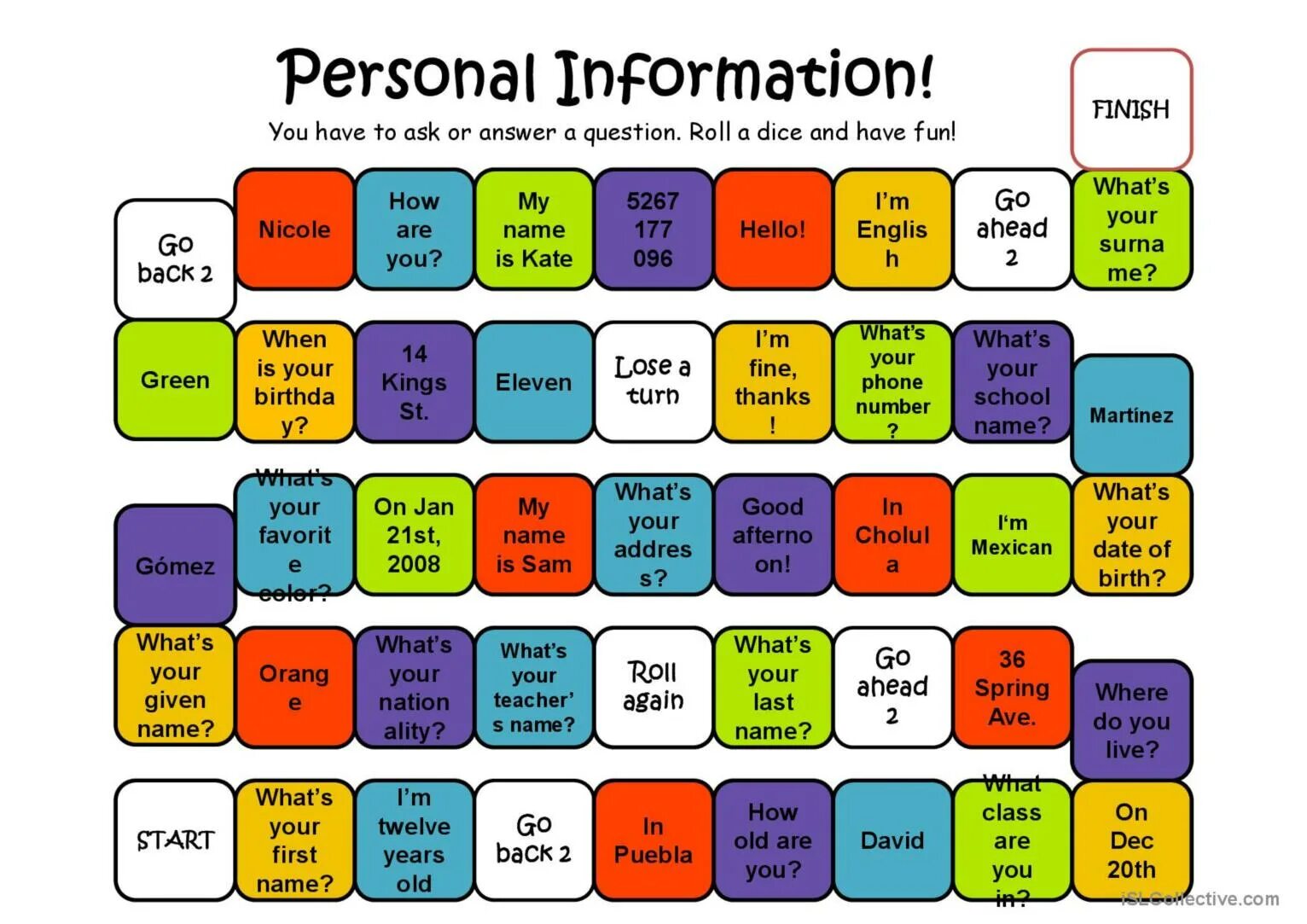 Ask questions to get more information. Personal information. Question games in English. Board game personal information. Personality Board game.