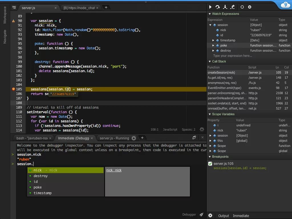 Hasownproperty. Ide для js. Cloud9 ide. WS node js. Дебаггер.