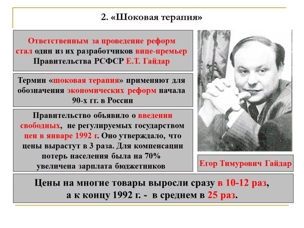 Экономическая реформа в ссср деятель. Реформа Гайдара 1992 шоковая терапия. Политика «шоковой терапии» е. т. Гайдара.. Шоковая терапия Гайдара. Политика шоковой терапии.