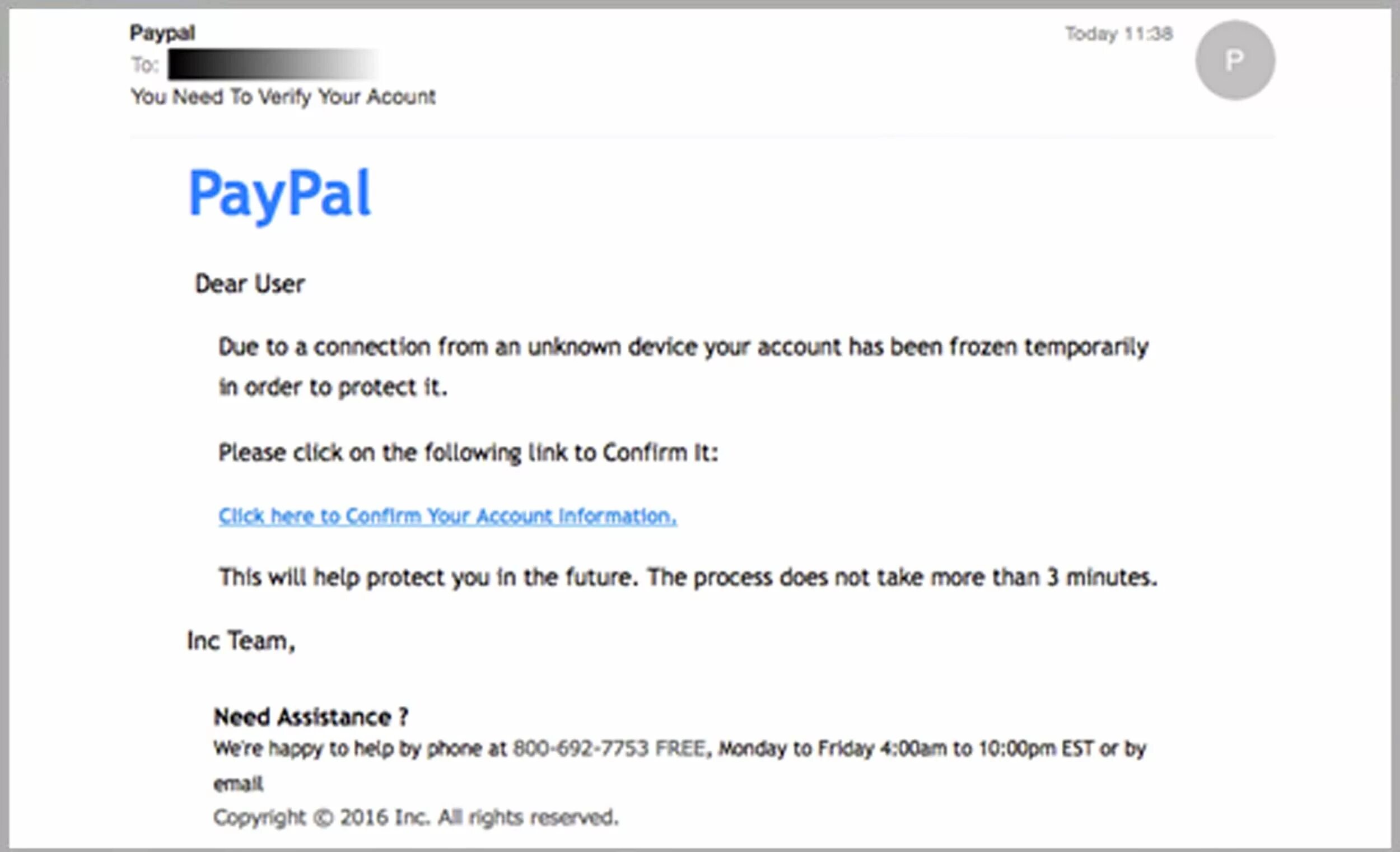You need to verify your email. Dear user, your account has been blocked!. your account was frozen.