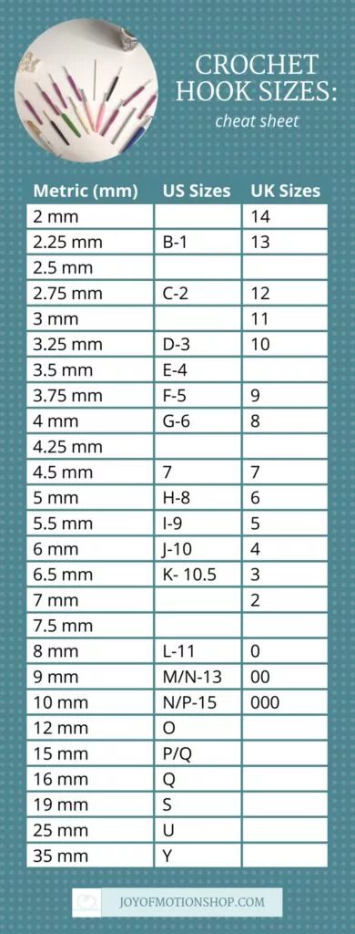 Hook size. Size of crochet hook.
