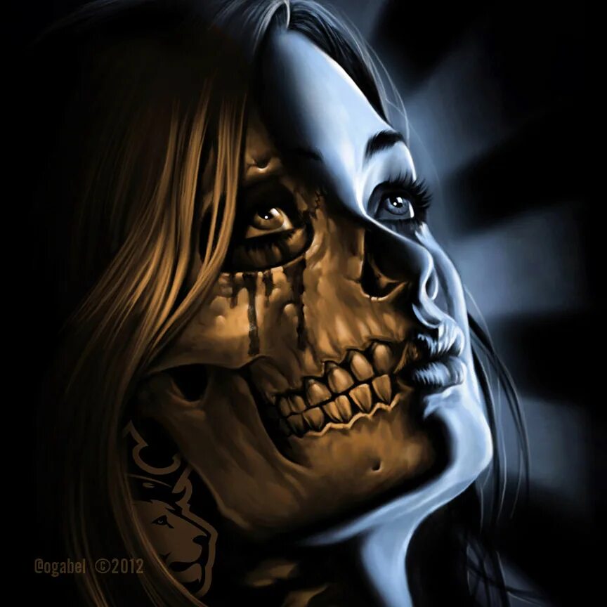 Лицо наполовину. Девушка с черепом арт. Тату на лице девушки. Череп лицо девушки. Череп лицо девушки.