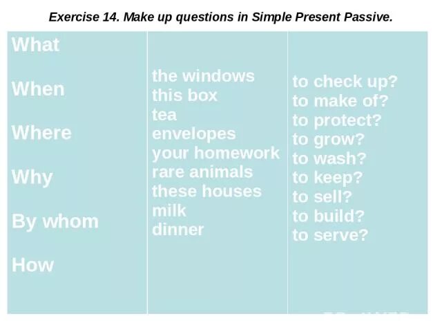 Make up questions to the answers. Make up questions in simple present Passive.. Вопрос who by Passive. Present Passive make. Questions in present Passive.