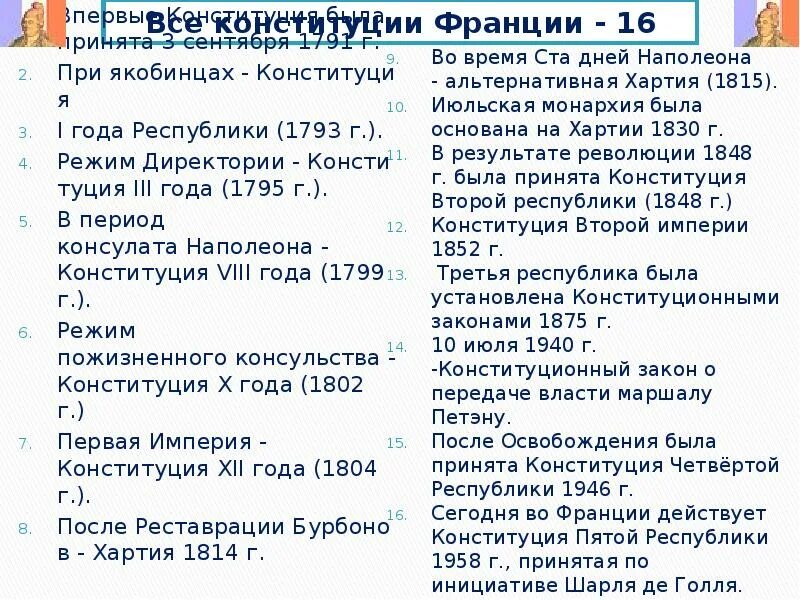 Принятие монархической конституции во франции дата. Французские Конституции таблица. Все Конституции Франции. Конституция 1802 года Франция. Сколько конституций было во Франции.