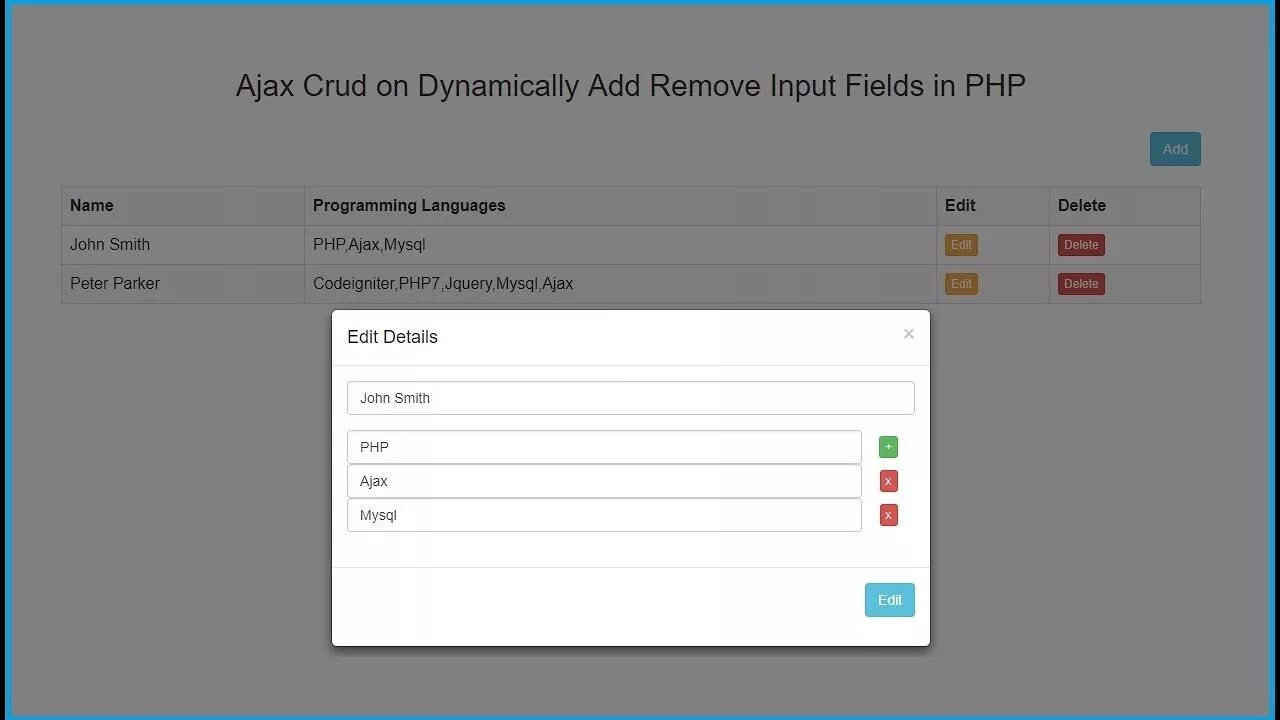 CRUD пример. Ajax php. Уведомления CRUD. Remove Edit. Field php