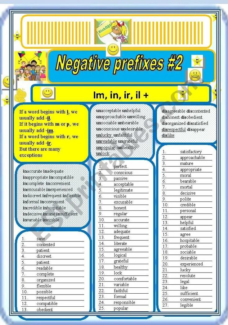 Prefixes im in il. Отрицательные приставки в английском языке Worksheet. Negative prefixes adjectives. Formal negative prefixes. Word building английский язык.