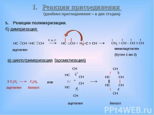 Димеризация. Реакция полимеризации ацетилена. Полимеризация димеризации ацетилена. Полимеризация ацетилена. Реакция димеризации ацетилена.