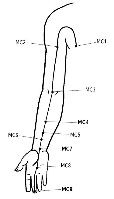 Точка мс 9. Канал перикарда Лао Гун. MC 7 точка акупунктуры Меридиан. Тянь-Чун точка. Точка mc7.