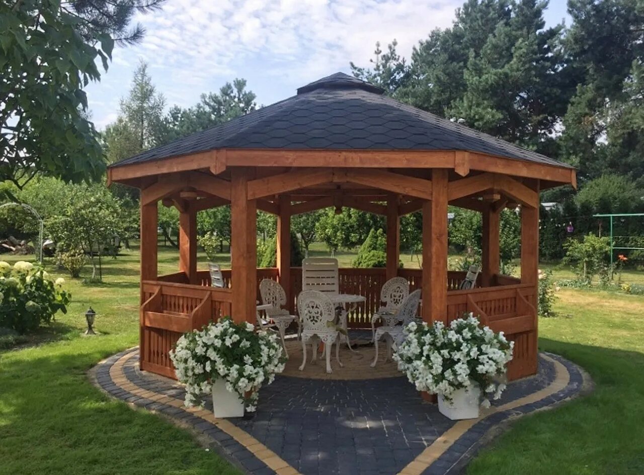 Беседка брусовая Gazebos. Беседка 5м OŚMIKĄTNA. Круглая беседка для дачи. Уличные беседки из дерева. Широкая беседка