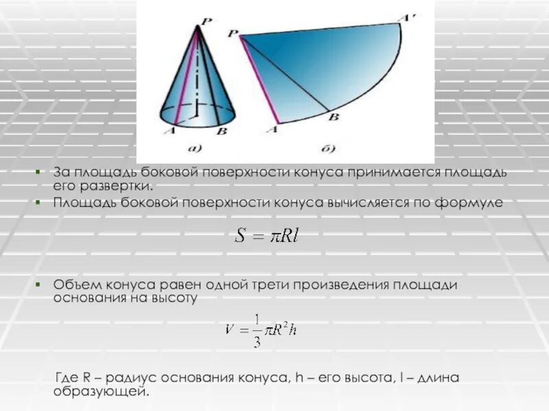 Размер основания конуса. Формула для вычисления боковой поверхности конуса. Развёртка конуса формула боковой поверхности. Площадь боково1 поверхности конуса. Площадь боковой развертки конуса.