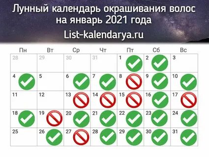 Календарь окрашивания волос на январь 2024 года