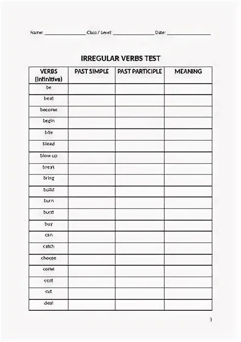 Irregular verbs test. Irregular verbs fill the table.