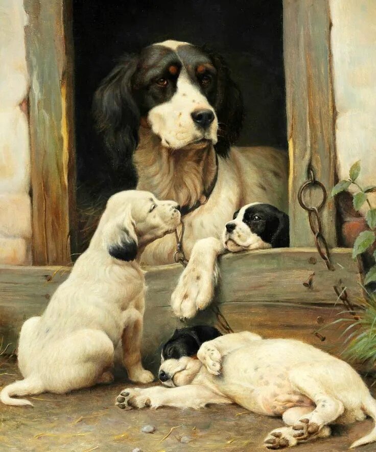 Картина со щенятами. Паулюс Поттер спаниель. Художник Olaf August Hermansen. Картина собаки. Собаки в живописи.