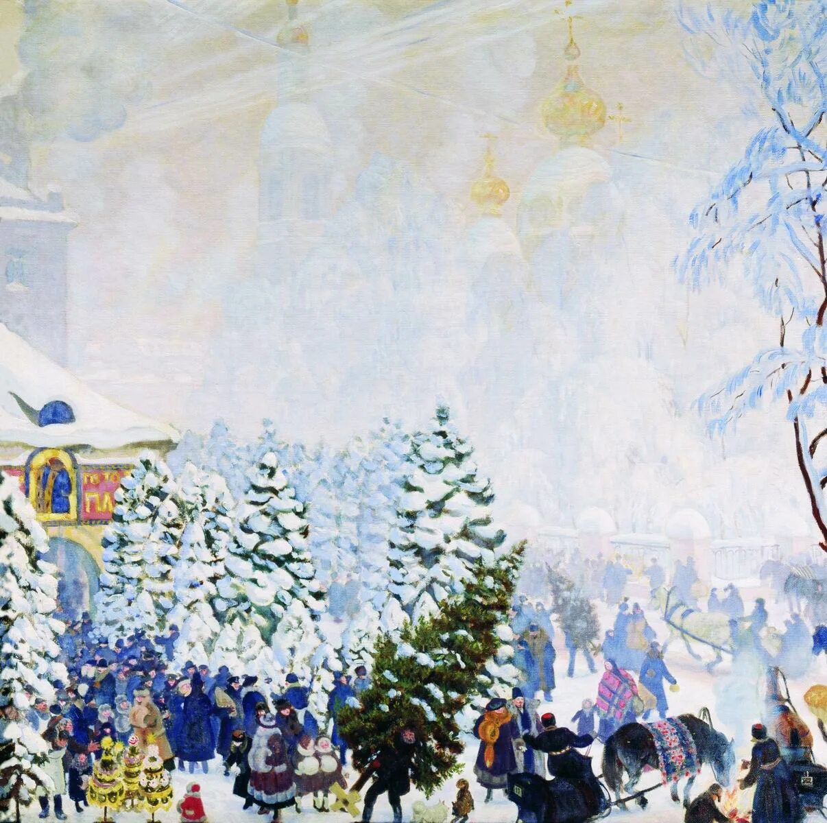 Елочный торг кустодиев какая площадь. Борис кустодиев елочный торг 1918. борис михайлович кустодиев «елочный торг», 1918 год. борис михайлович кустодиев масленица. картина бориса михайловича кустодиева « ёлочный торг».