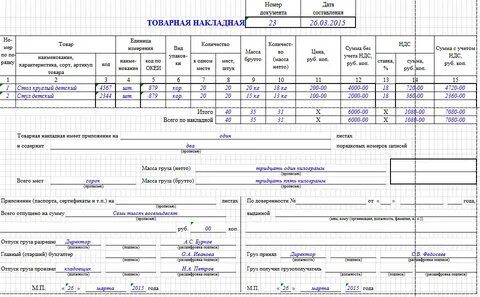 Образец торг 12 заполненный с подписями