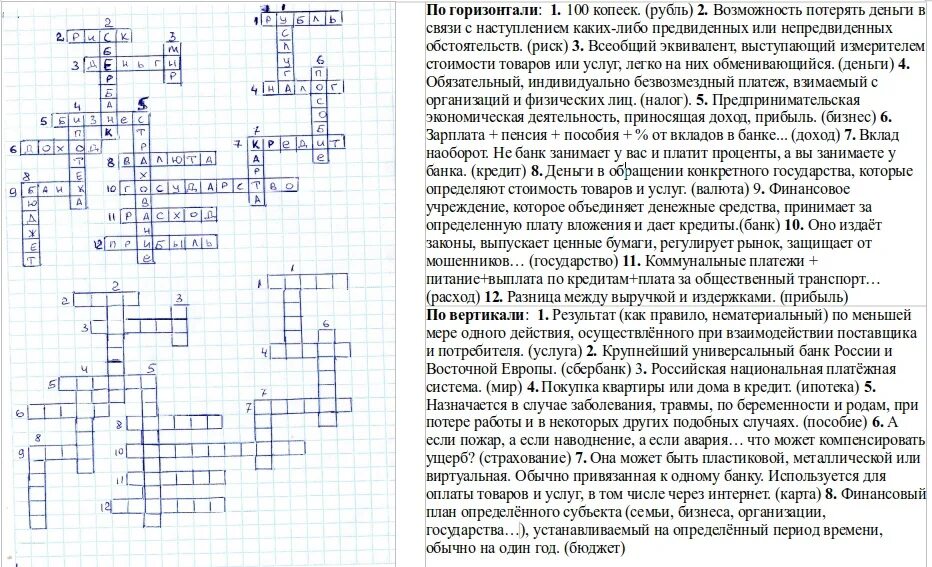 Кроссворд по финансовой грамотности