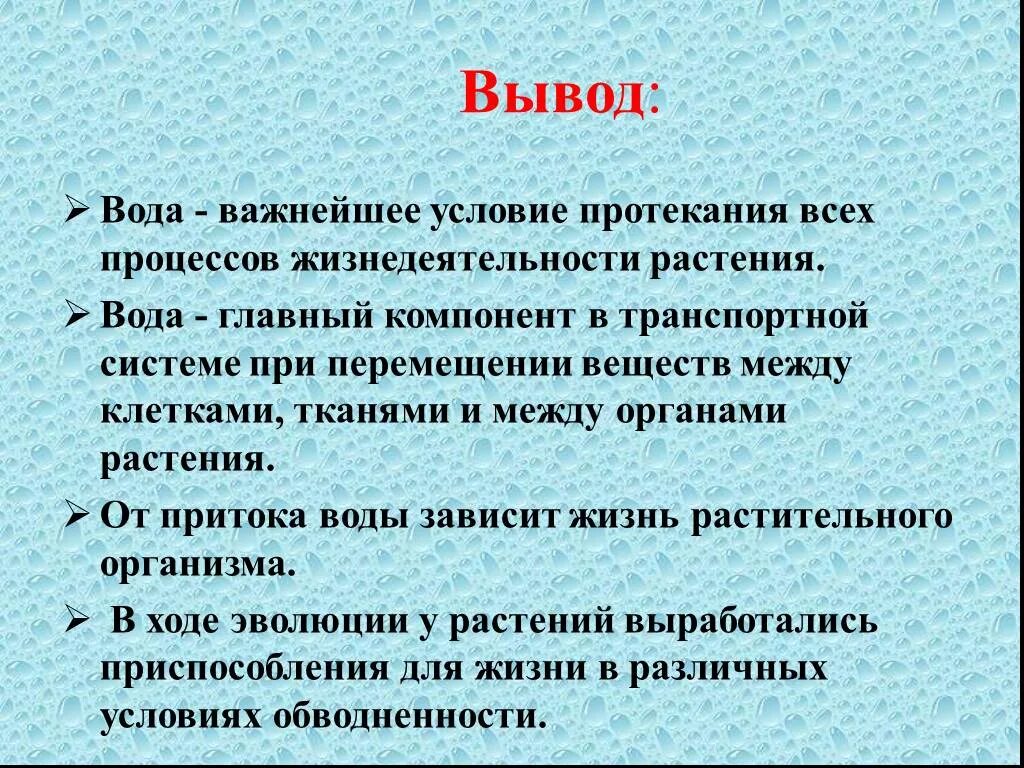 Значение воды для растений. Значение воды в жизни растений. Вывод о воде. Роль воды в жизни растений. Конспект по воде биология 6 класс