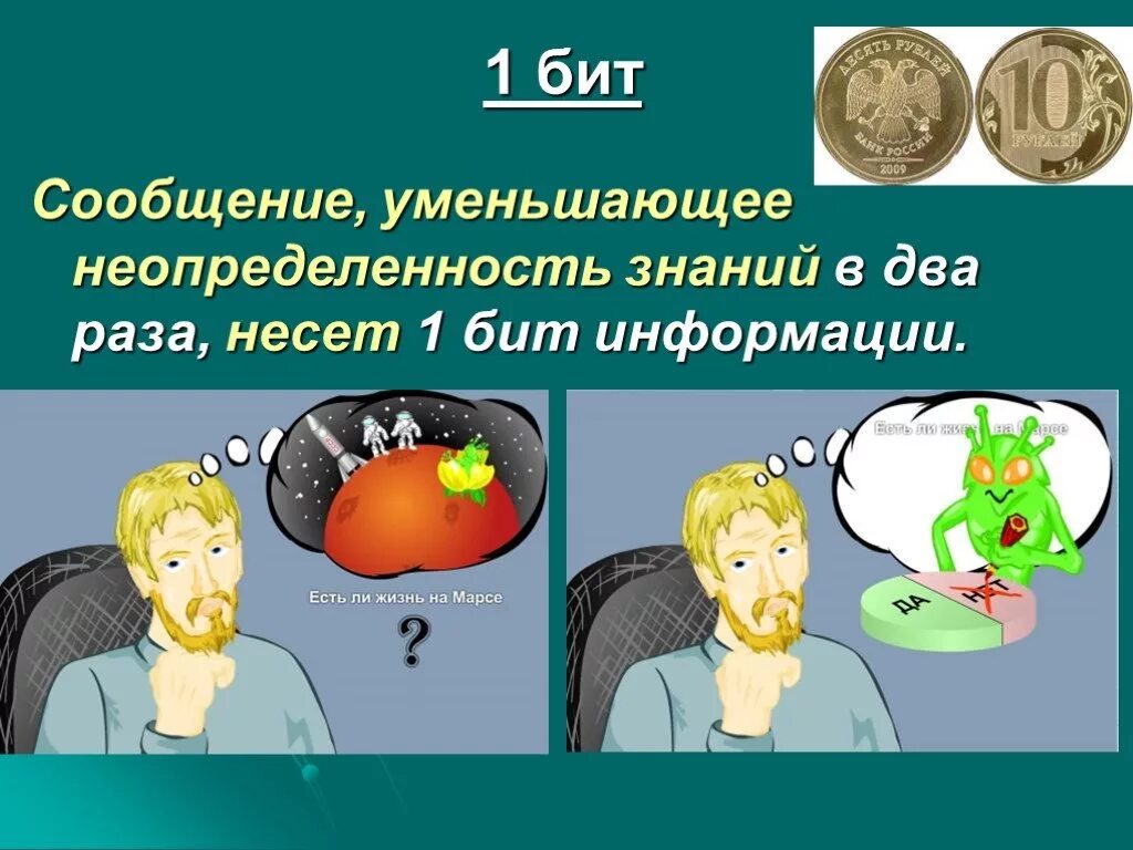 Сообщение не несущее информации. Сообщение уменьшающее неопределенность в 2 раза несет. 1 bit. сообщение про билли.