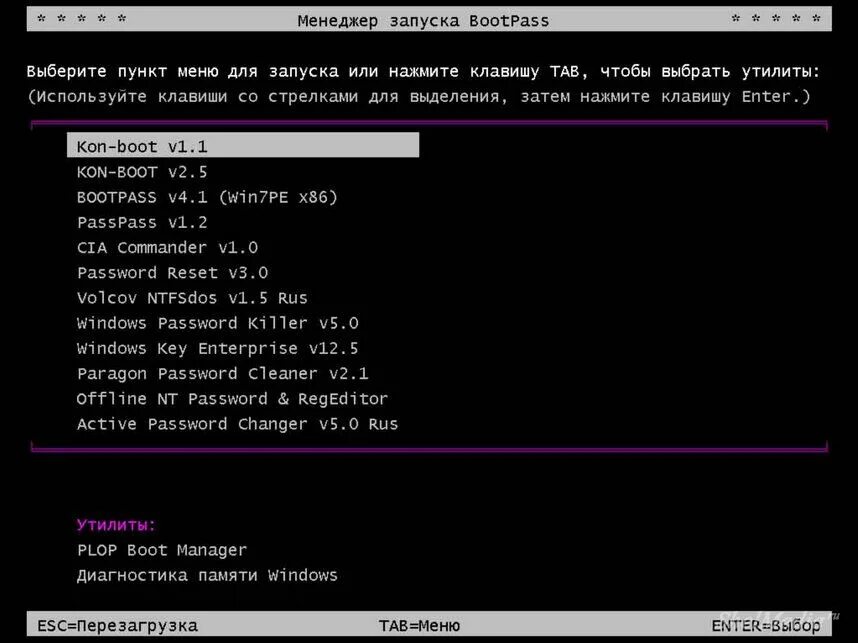 Сбросить пароль входа windows 7. Программа для сброса пароля. Загрузочная флешка с утилитой сброса пароля. Программа для загрузочной флешки. Меню загрузочной флешки.