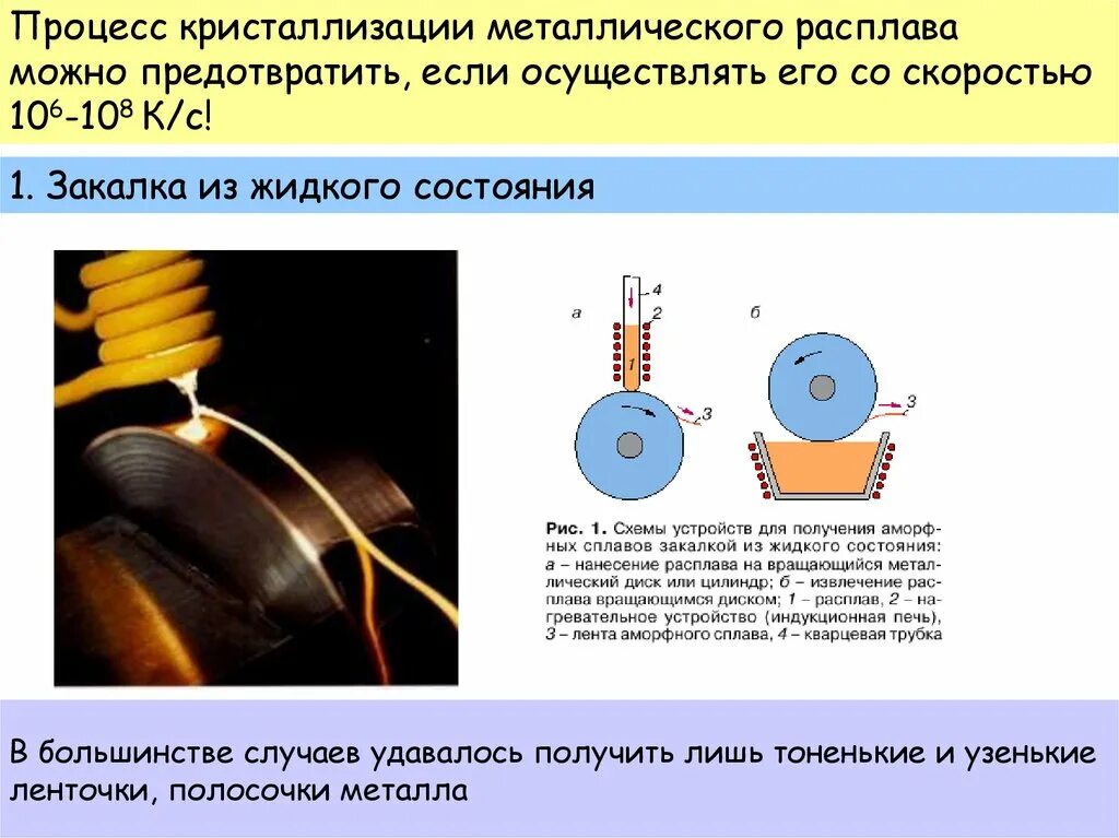 Кристаллизация металлов и сплавов. Кристаллизация аморфных сплавов. процесс кристаллизации расплавов металлов. спиннингование аморфных сплавов. закалка из расплава.