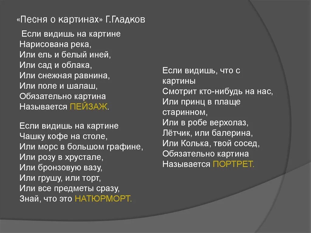 Найти песню по словам из текста песни. Текст песни о картинах. Текст песни песня о картинах. Песенка о картинах Гладкова текст. "Песня о картинах" г. Гладкова.