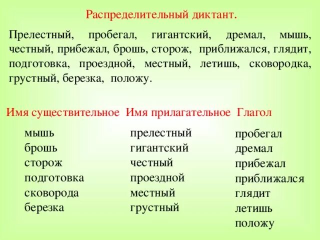 Распределительный диктант. Что такое распределительный диктант по русскому языку. Существительное и прилагательное распределительный диктант. Распределительный диктант по частям речи.