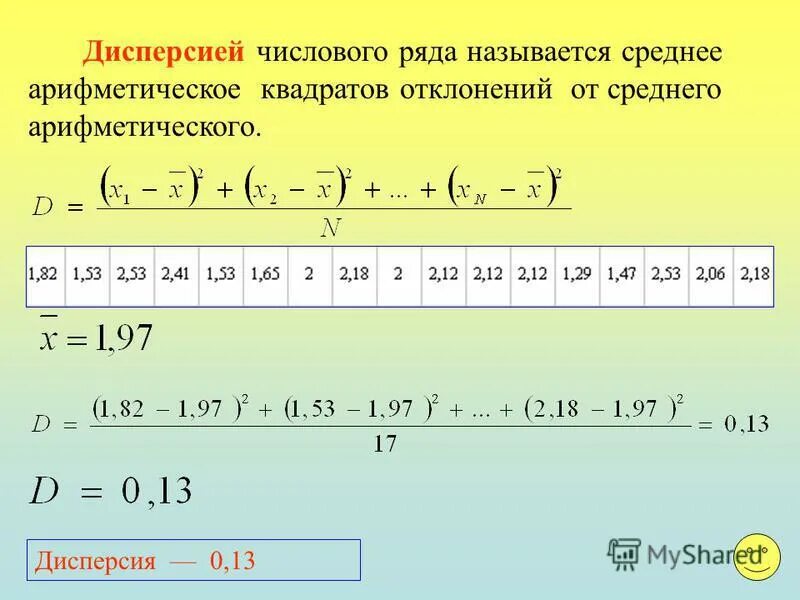 Как найти дисперсию. Дисперсия числового ряда. Среднее арифметическое квадратов отклонений. Как вычислить дисперсию.