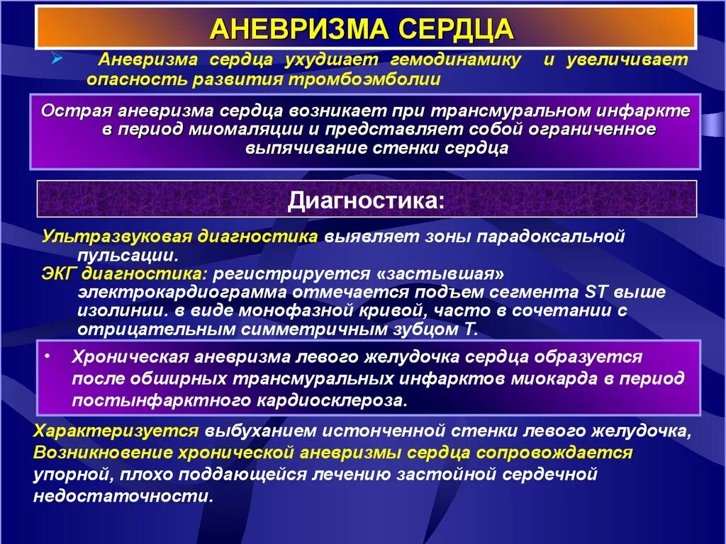 Хронической аневризмы сердца. Клиника аневризмы сердца. Острая и хроническая аневризма.