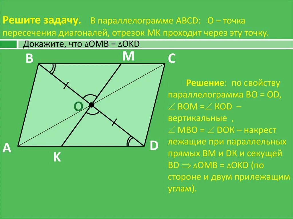 Докажите что через. Точка пересечения диагоналей параллелограмма. Центр параллелограмма это точка пересечения диагоналей. Точка пересечениятдиагоналий. Через точку пересечения диагоналей параллелограмма.