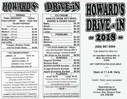 Menu at Howards Drive In restaurant, West Brookfield, 121 E Main St