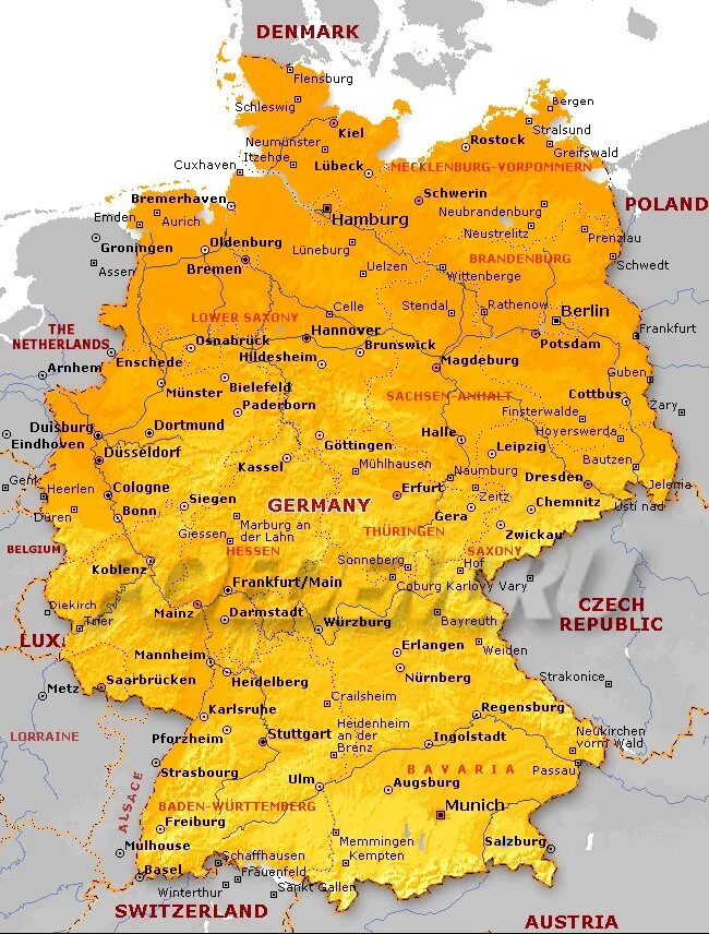 Карта германии 2023. Географическая карта ФРГ. Столица Германии на карте. Карта Германии с городами подробная. Карта Германии с городами на немецком подробная.
