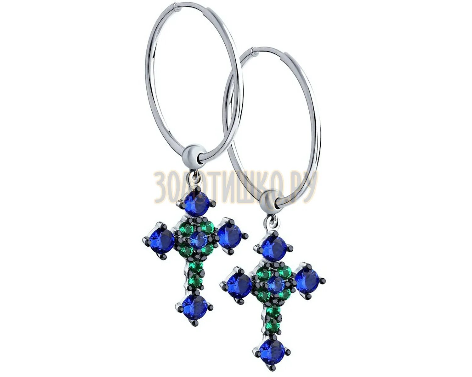 94 124. Серебряные сережки крестики. Хомут 130-150. Сталь. Серьги кресты с фианитами.