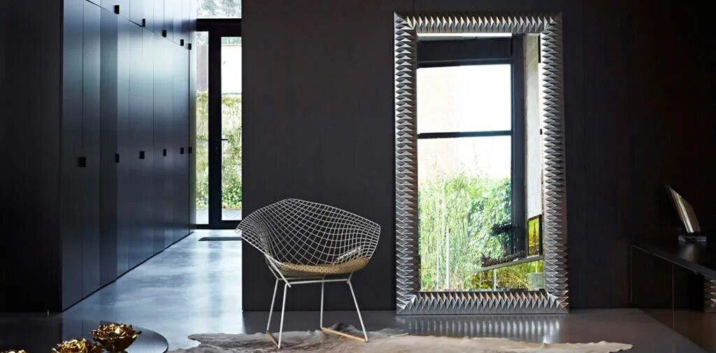Shop hanging-leaning grey 32"x76" floor mirror. Woodsy grey border frames full-l