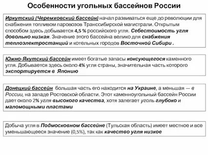Характеристика угольных бассейнов таблица география 9 класс