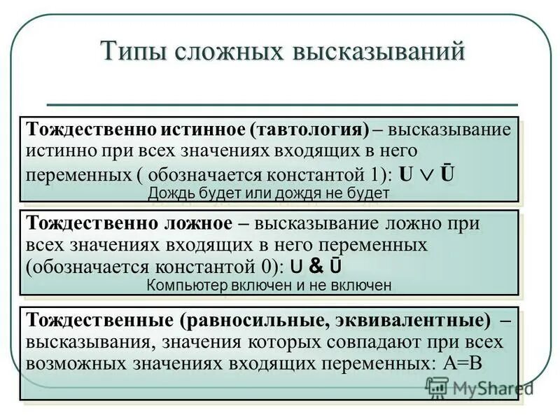 Истинное принимает истинное значение. Тождественные высказывания. тождественно истинное высказывание пример. виды сложных высказываний. определите какие из высказываний являются тождественно истинными.